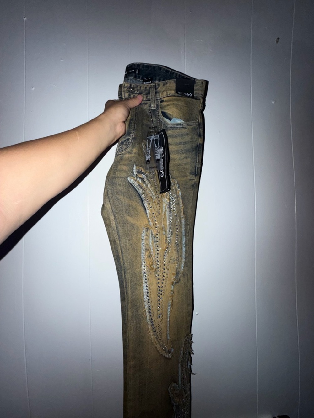 Men's Distressed Brown Slim Jeans with Embellished Detailing